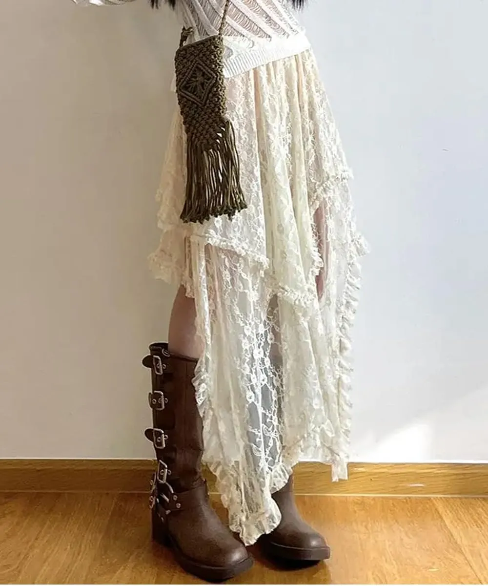 Women Lace Long Skirts Elastic Asymmetrical Layered Hem Vintage High Waist Maxi Skirts Holiday Outfits