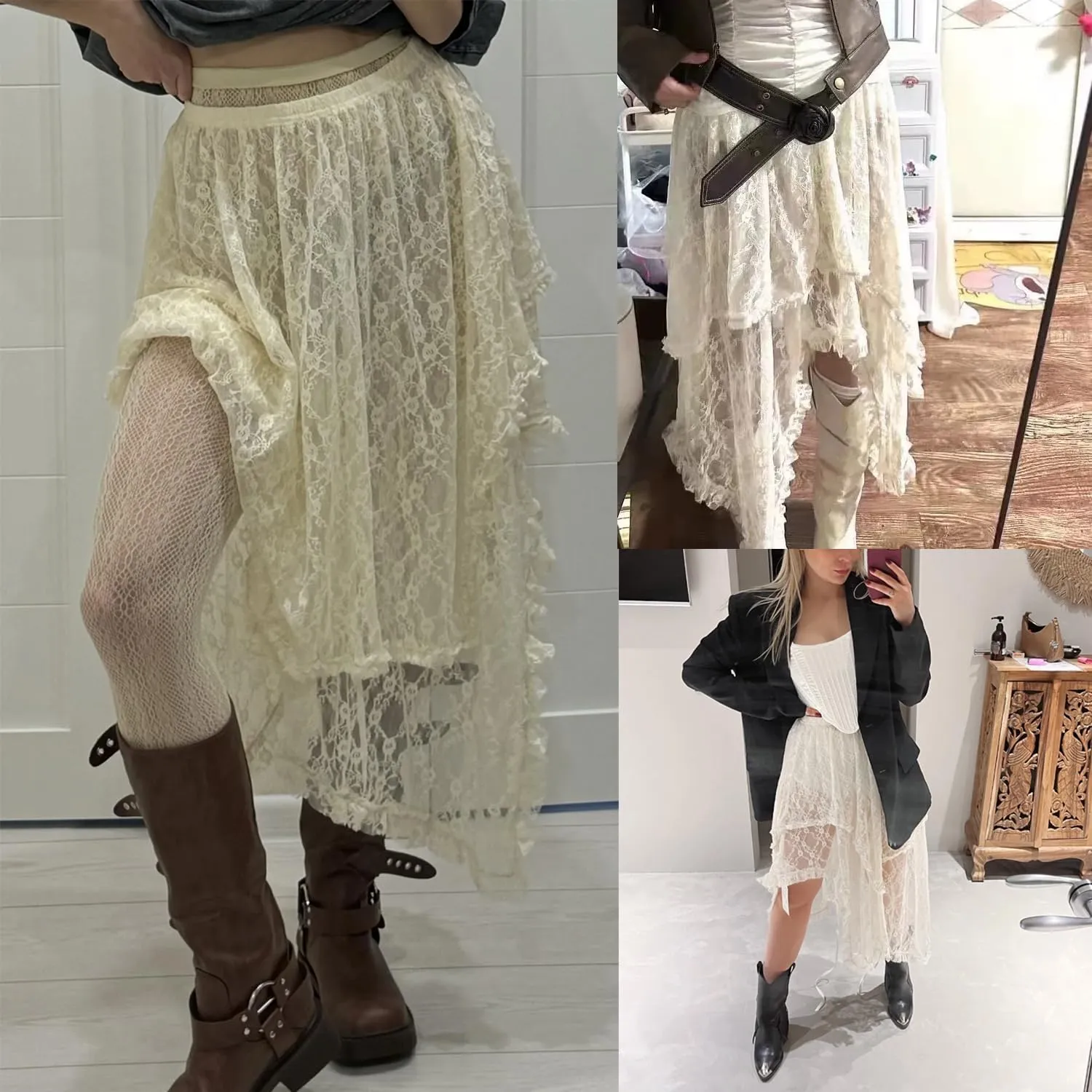 Women Lace Long Skirts Elastic Asymmetrical Layered Hem Vintage High Waist Maxi Skirts Holiday Outfits