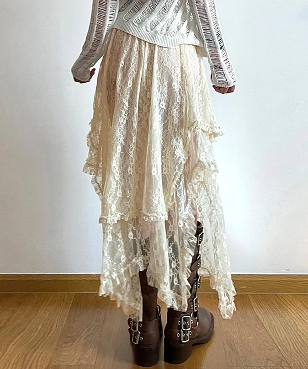 Women Lace Long Skirts Elastic Asymmetrical Layered Hem Vintage High Waist Maxi Skirts Holiday Outfits