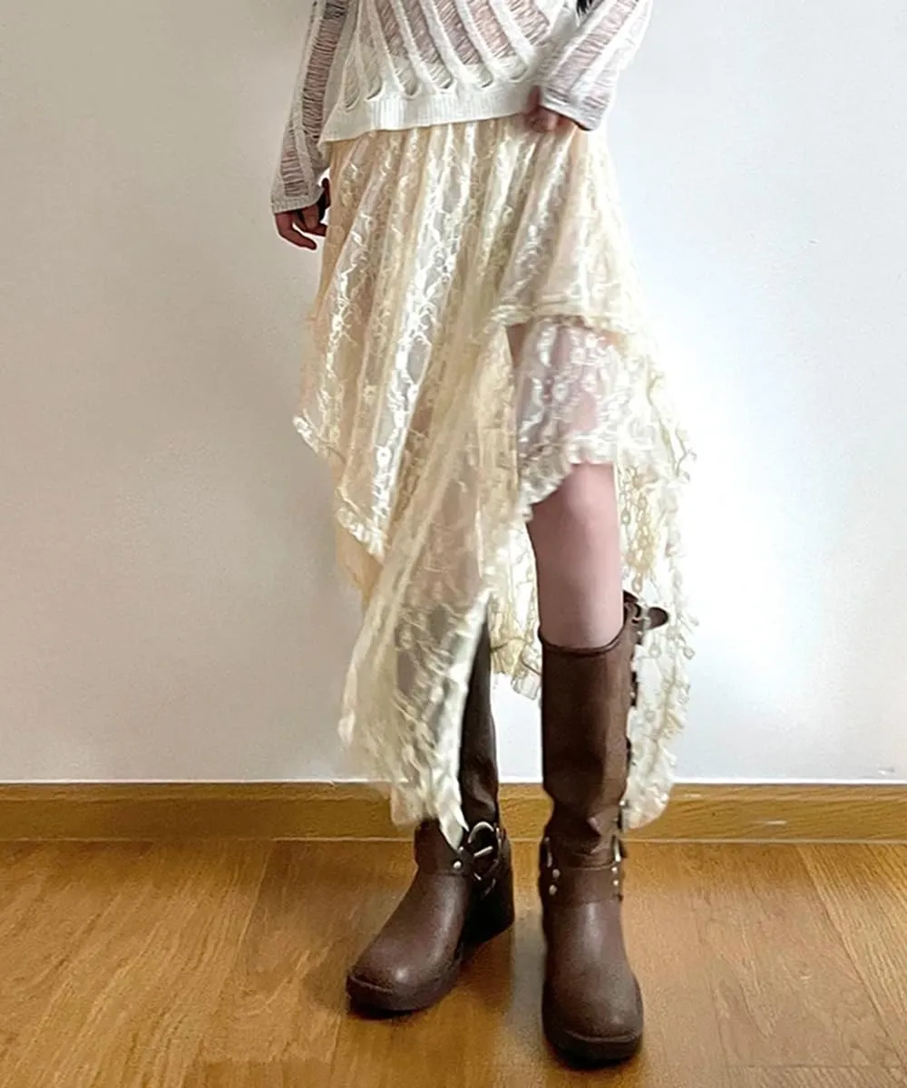 Women Lace Long Skirts Elastic Asymmetrical Layered Hem Vintage High Waist Maxi Skirts Holiday Outfits