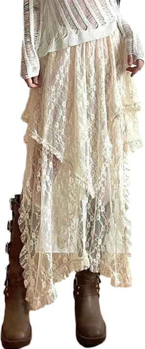 Women Lace Long Skirts Elastic Asymmetrical Layered Hem Vintage High Waist Maxi Skirts Holiday Outfits