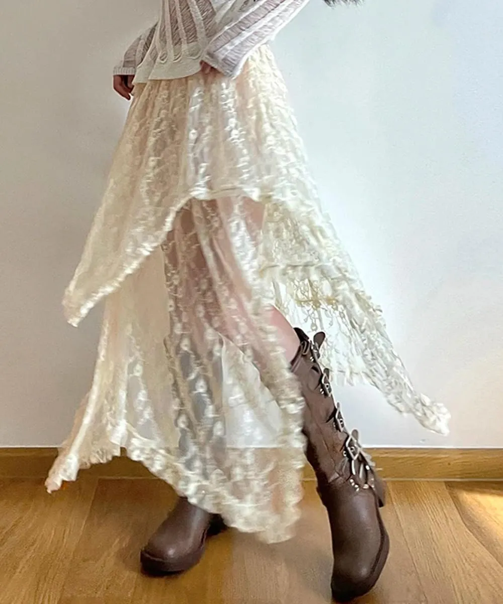 Women Lace Long Skirts Elastic Asymmetrical Layered Hem Vintage High Waist Maxi Skirts Holiday Outfits