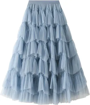 Women Mesh Layered A-Line Skirt Summer High Waist Party Skirt Elegant Mesh Patchwork Tulle Tutu Midi Skirt