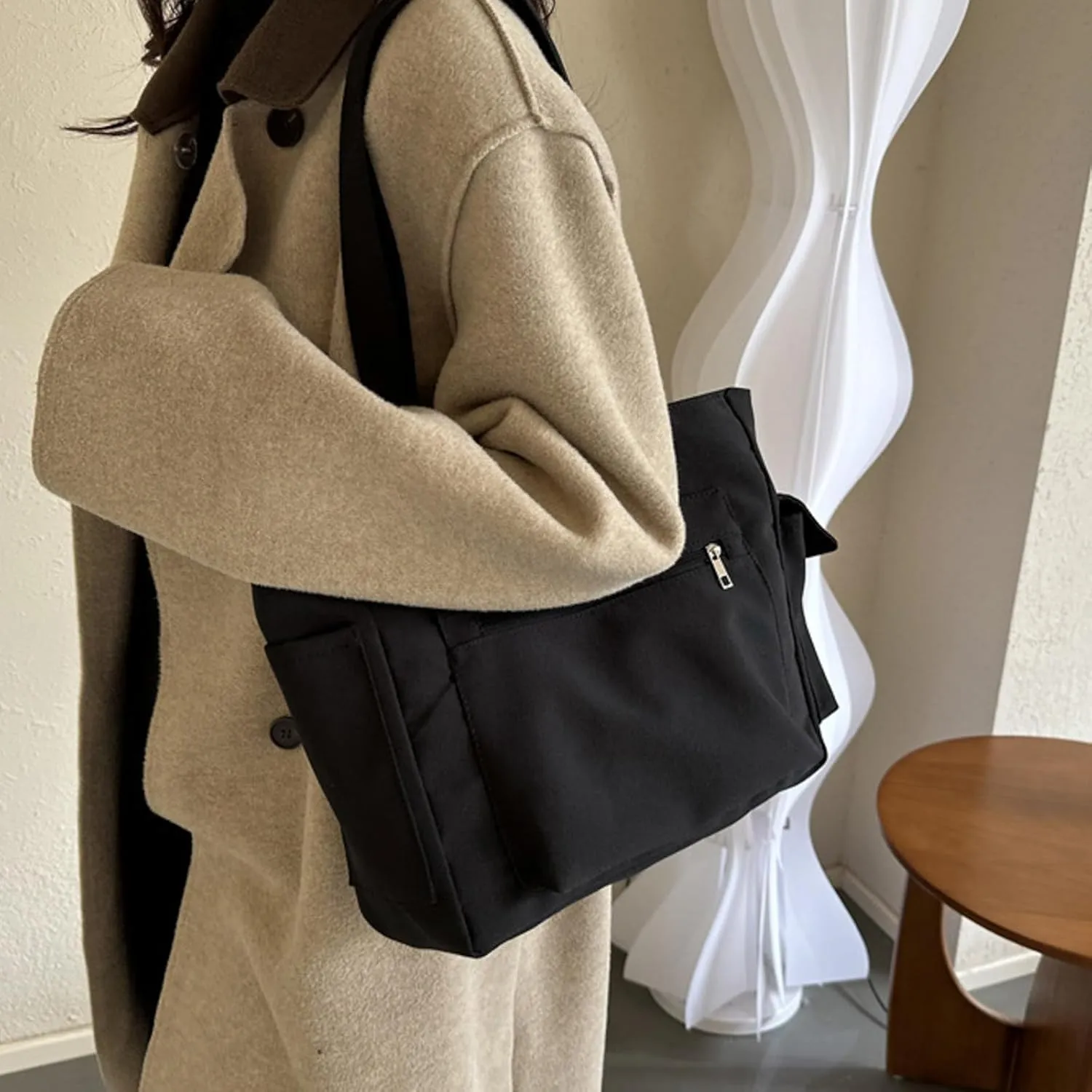 Women Shoulder Bags Fashion New Pattern Simple Solid Color Large Capacity Casual Practical Zipper Bag (Black, One Size)