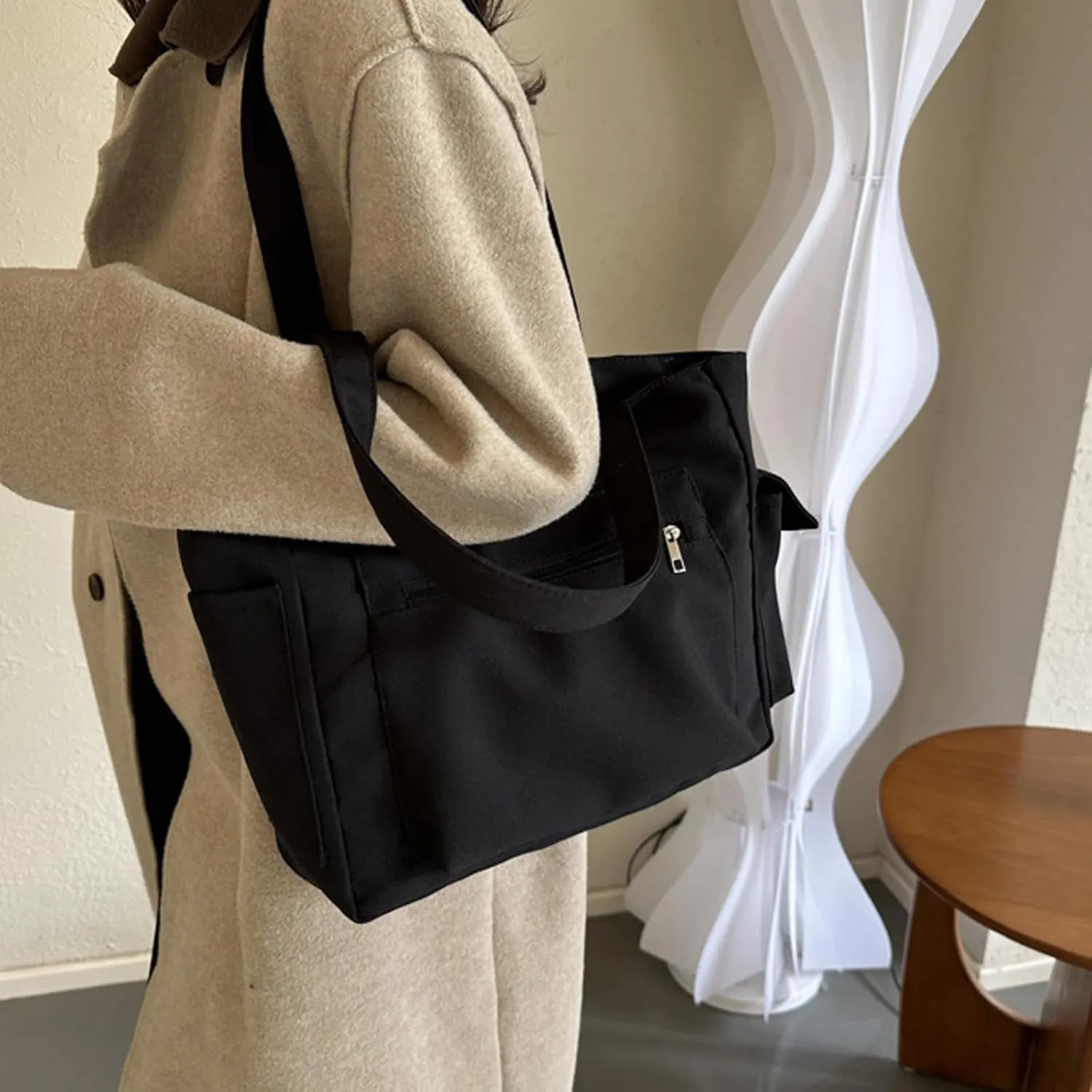 Women Shoulder Bags Fashion New Pattern Simple Solid Color Large Capacity Casual Practical Zipper Bag (Black, One Size)