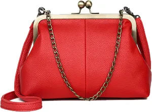 Women Small Vintage Chains Handbag - Pu Leather Kiss Lock Purse