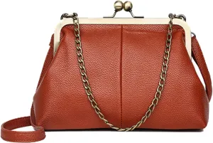 Women Small Vintage Chains Handbag - Pu Leather Kiss Lock Purse