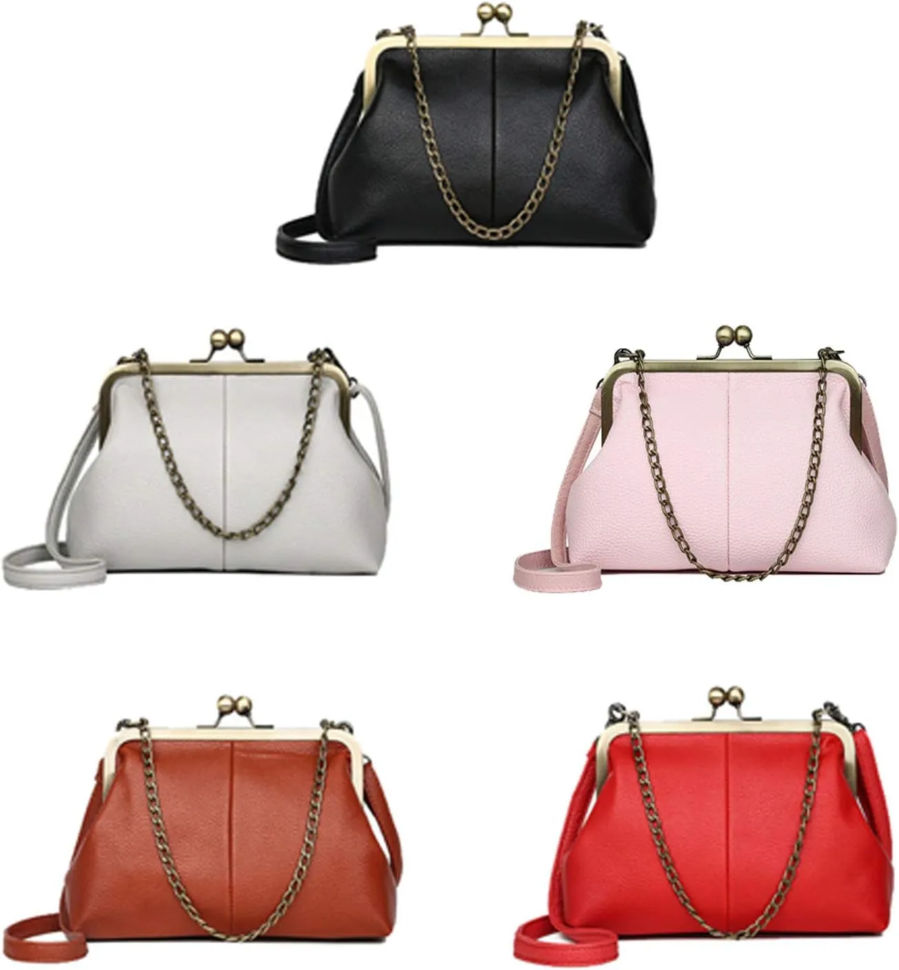 Women Small Vintage Chains Handbag - Pu Leather Kiss Lock Purse