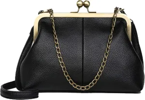 Women Small Vintage Chains Handbag - Pu Leather Kiss Lock Purse