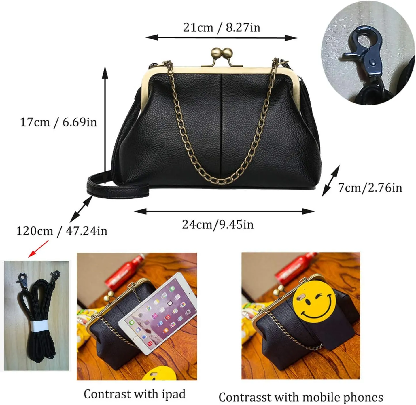 Women Small Vintage Chains Handbag - Pu Leather Kiss Lock Purse