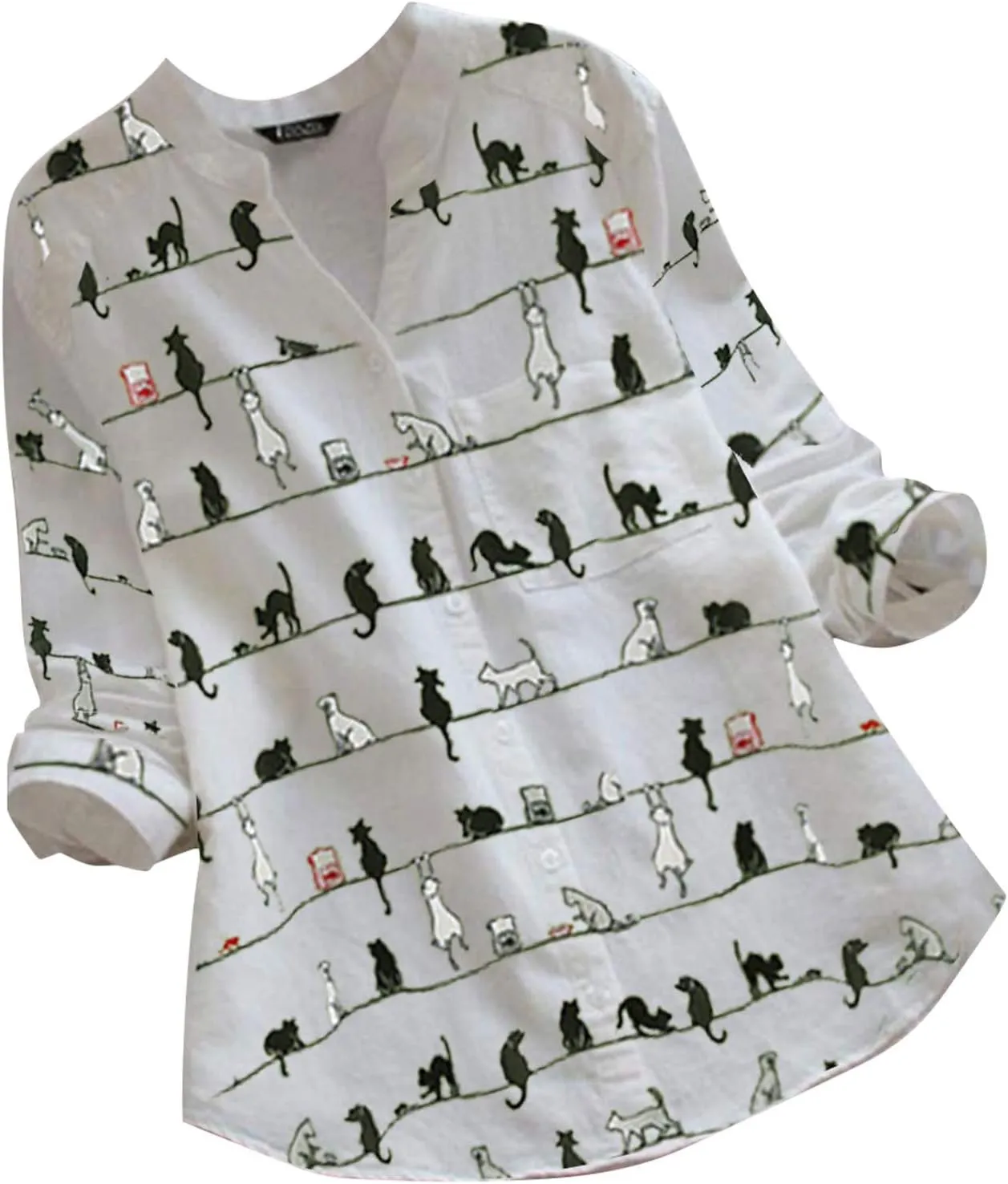 Women Summer 3/4 Sleeve Shirts Button Down Loose Fit Blouse Fashion Cat Print T-Shirts Plus Size Loose Tops