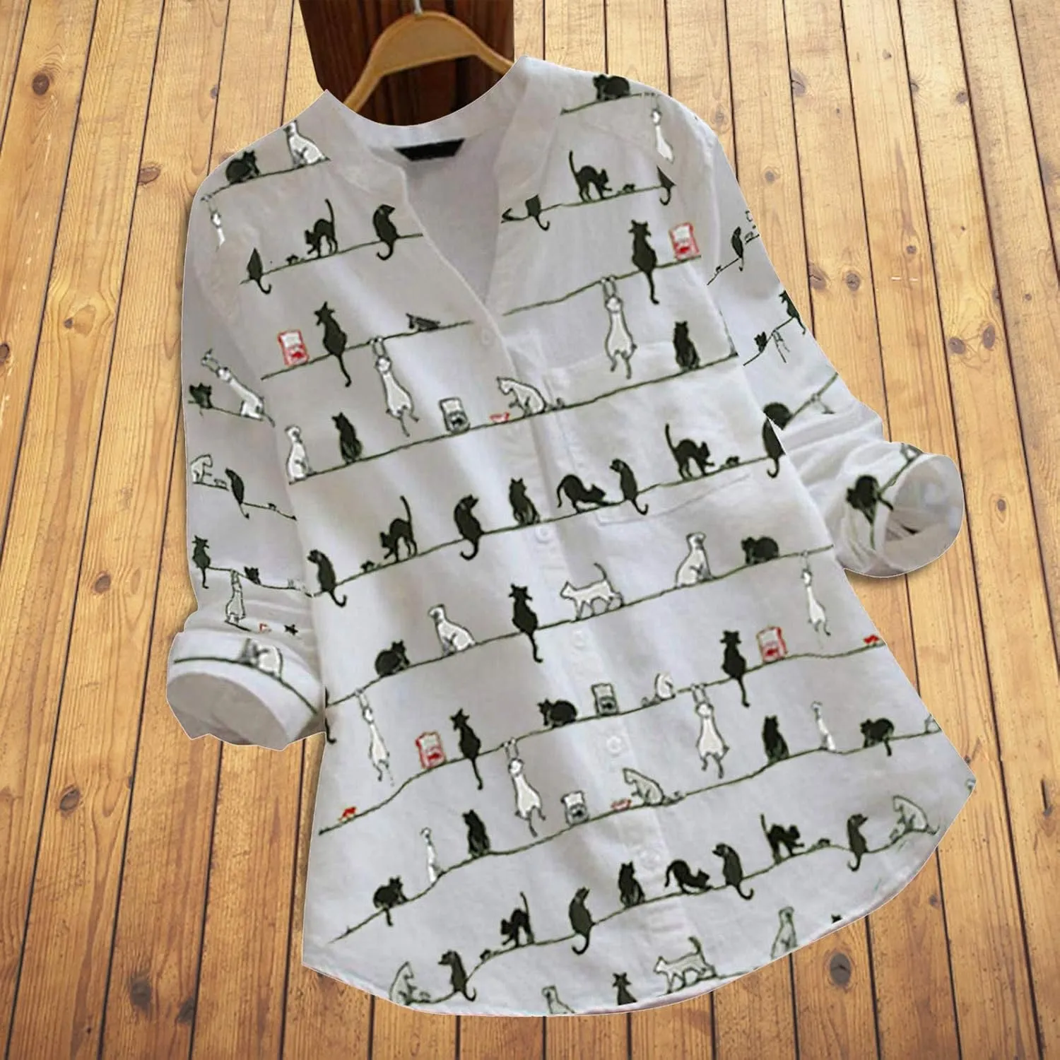 Women Summer 3/4 Sleeve Shirts Button Down Loose Fit Blouse Fashion Cat Print T-Shirts Plus Size Loose Tops