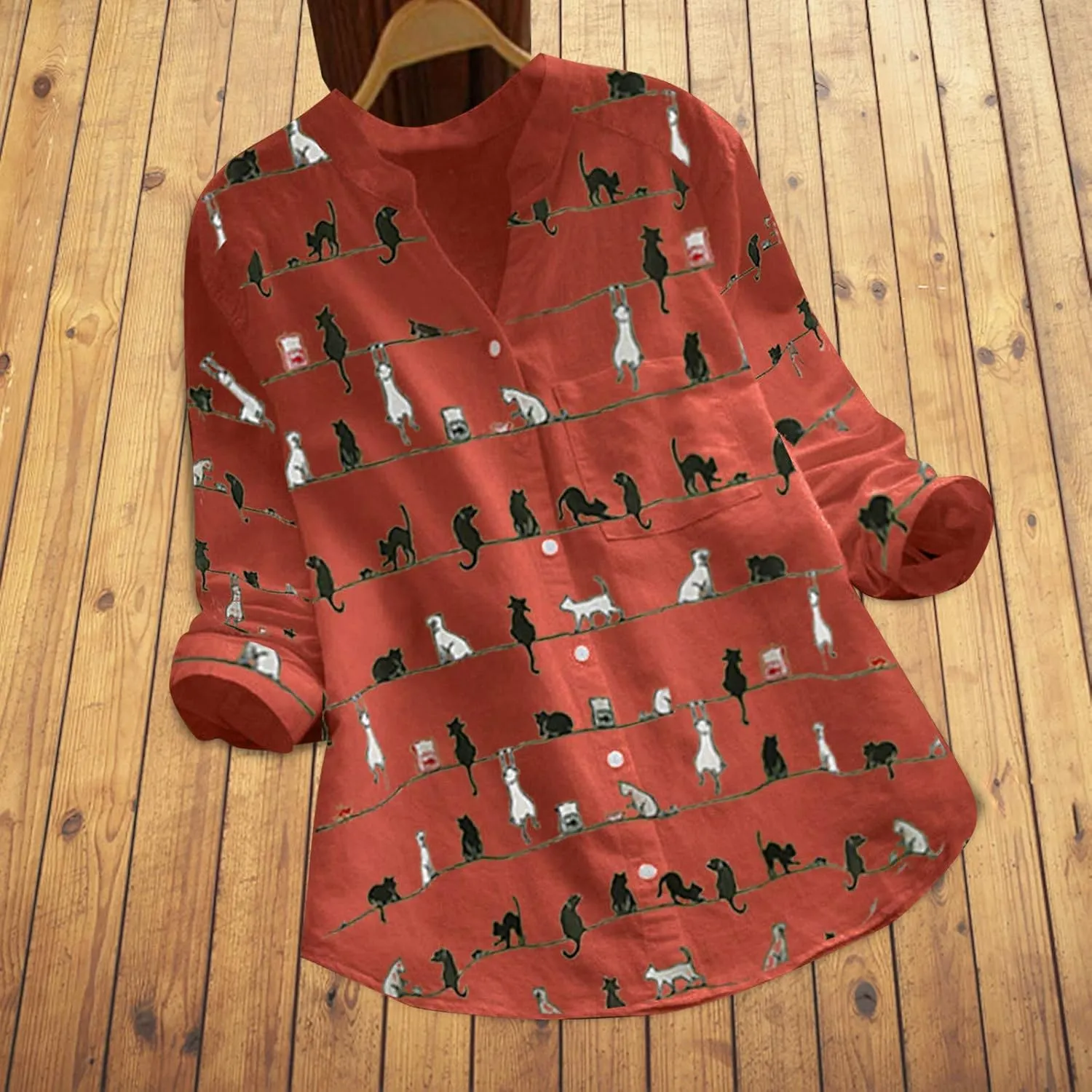Women Summer 3/4 Sleeve Shirts Button Down Loose Fit Blouse Fashion Cat Print T-Shirts Plus Size Loose Tops