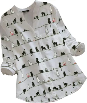 Women Summer 3/4 Sleeve Shirts Button Down Loose Fit Blouse Fashion Cat Print T-Shirts Plus Size Loose Tops