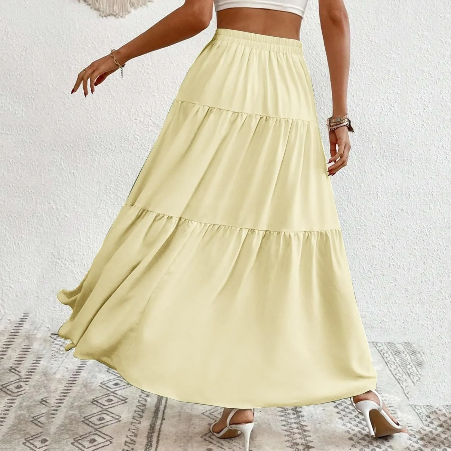 Women Summer Button Down Maxi Skirt 2024 Casual High Waist Pleated A-Line Beach Flowy Long Ruffle Swing Skirts