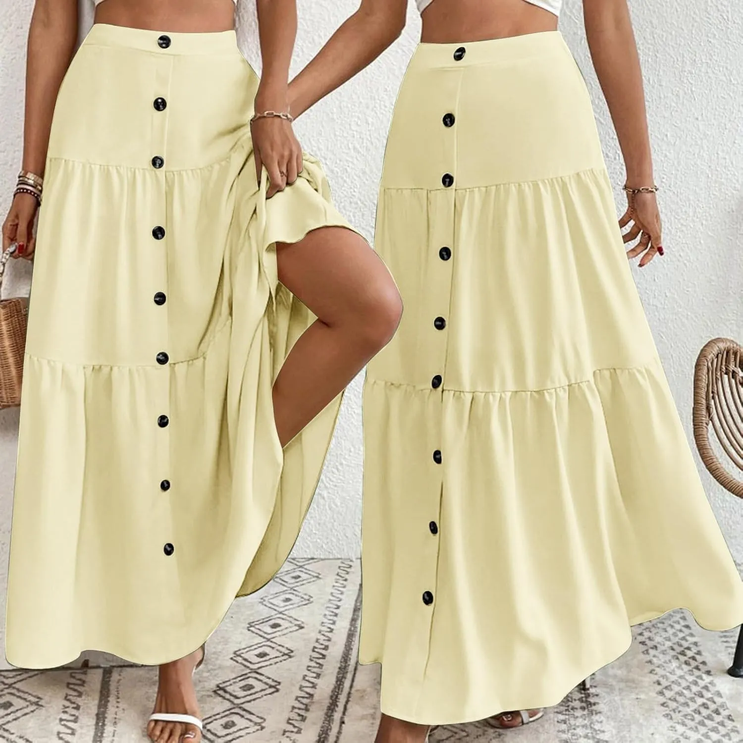 Women Summer Button Down Maxi Skirt 2024 Casual High Waist Pleated A-Line Beach Flowy Long Ruffle Swing Skirts