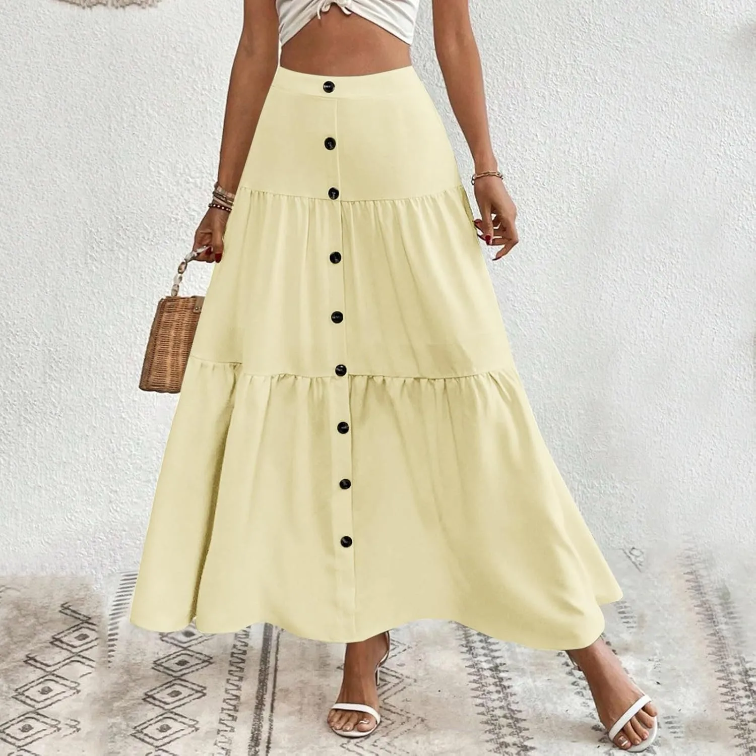 Women Summer Button Down Maxi Skirt 2024 Casual High Waist Pleated A-Line Beach Flowy Long Ruffle Swing Skirts