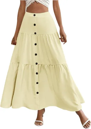 Women Summer Button Down Maxi Skirt 2024 Casual High Waist Pleated A-Line Beach Flowy Long Ruffle Swing Skirts