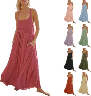 Women Summer Dresses Sexy Halter Neck Side Split Boho Dress Casual Sleeveless Smocked Maxi Dresses with Pockets