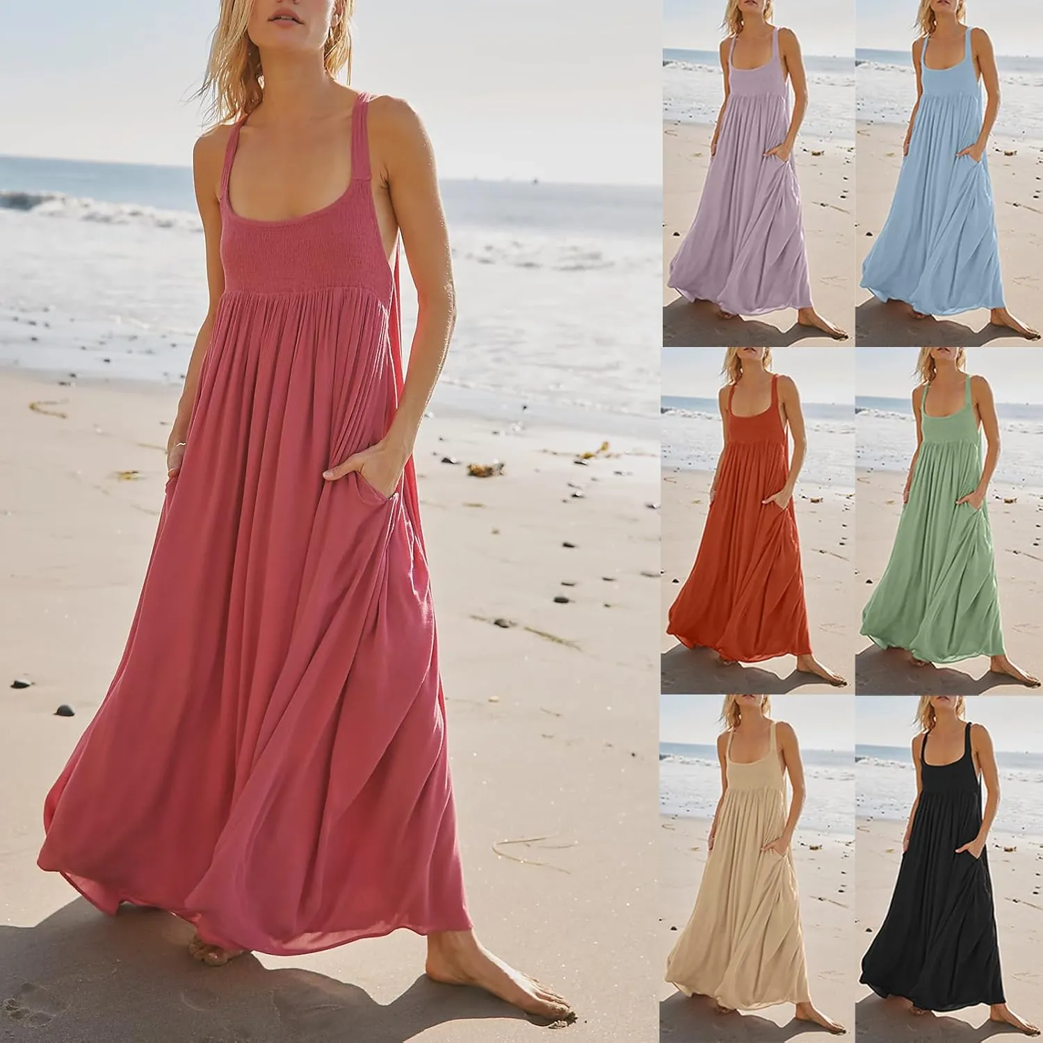 Women Summer Dresses Sexy Halter Neck Side Split Boho Dress Casual Sleeveless Smocked Maxi Dresses with Pockets