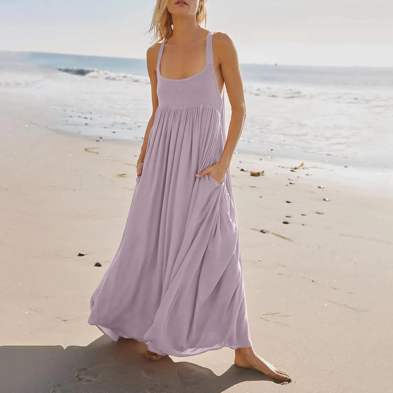 Women Summer Dresses Sexy Halter Neck Side Split Boho Dress Casual Sleeveless Smocked Maxi Dresses with Pockets