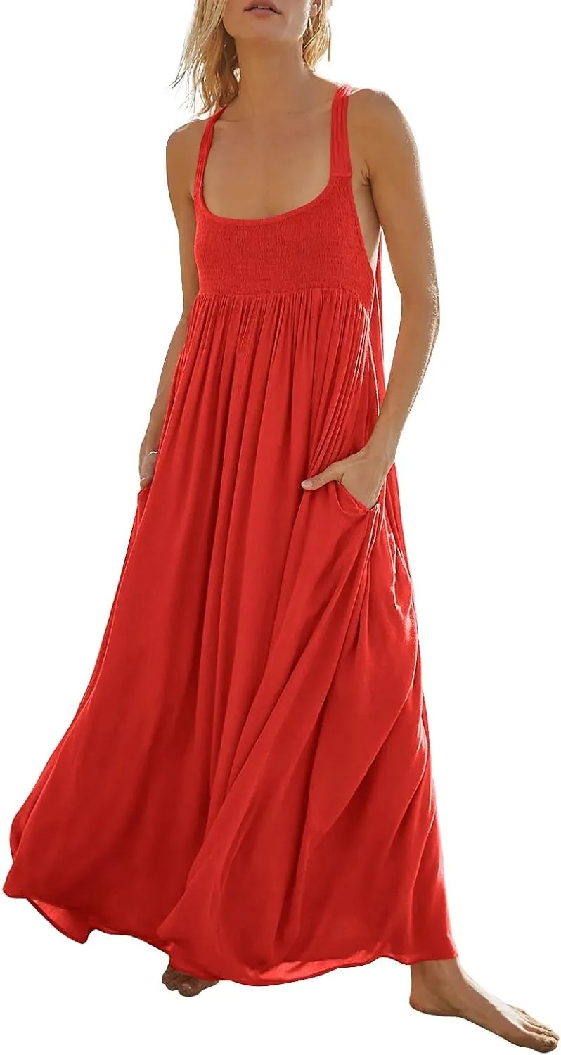 Women Summer Dresses Sexy Halter Neck Side Split Boho Dress Casual Sleeveless Smocked Maxi Dresses with Pockets