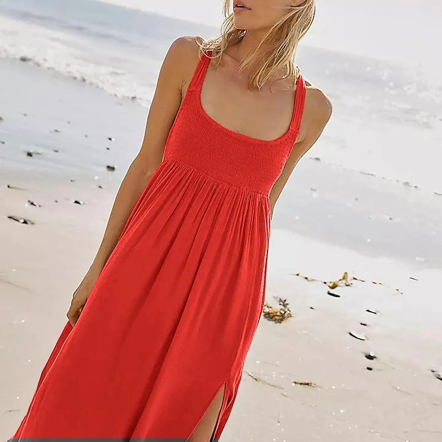 Women Summer Dresses Sexy Halter Neck Side Split Boho Dress Casual Sleeveless Smocked Maxi Dresses with Pockets