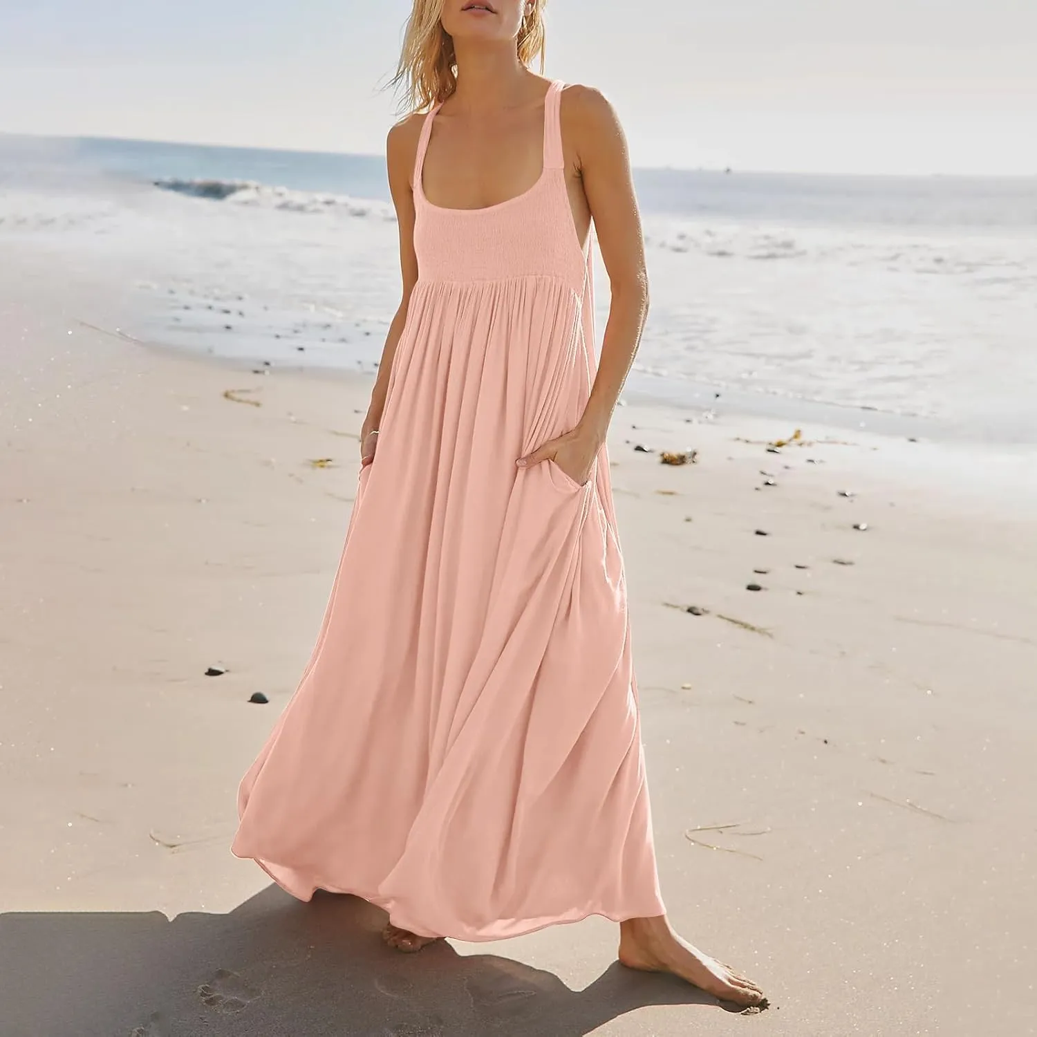 Women Summer Dresses Sexy Halter Neck Side Split Boho Dress Casual Sleeveless Smocked Maxi Dresses with Pockets