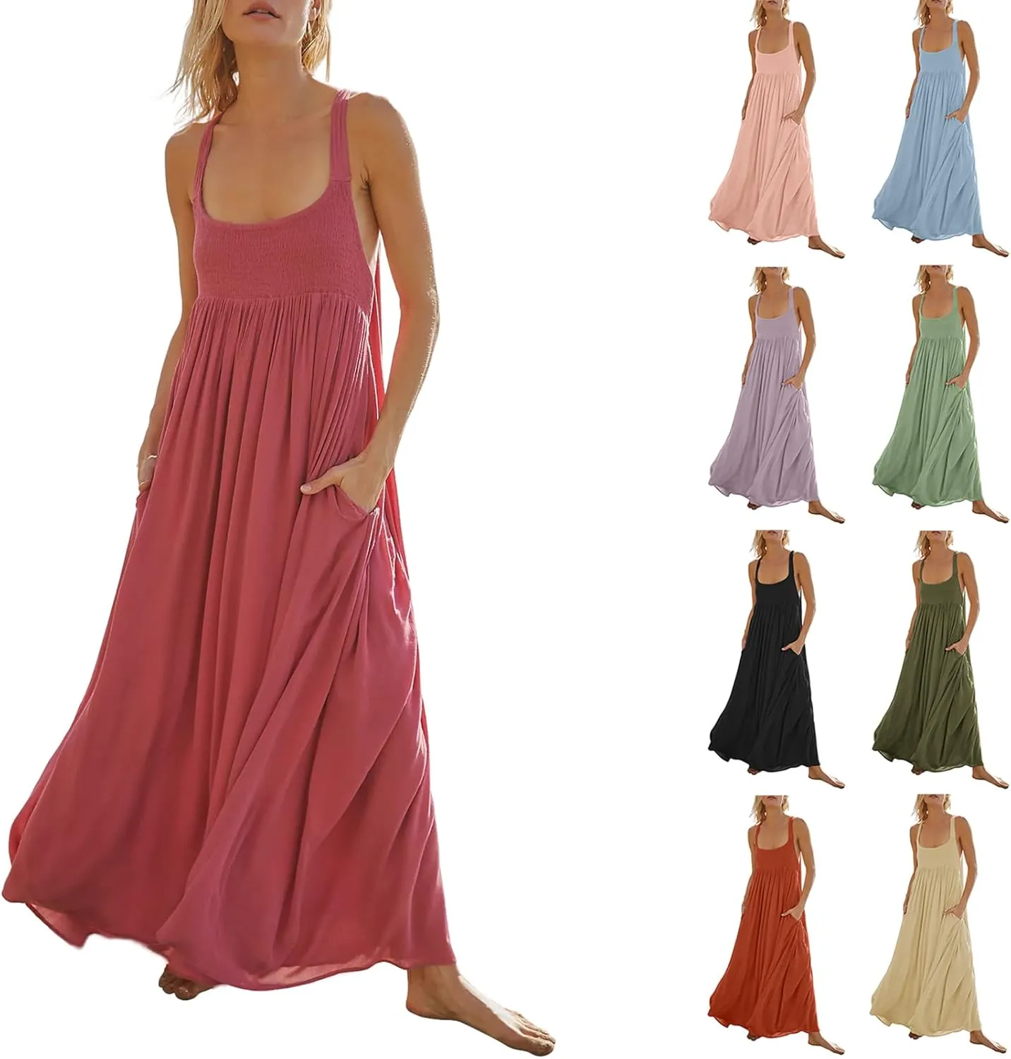 Women Summer Dresses Sexy Halter Neck Side Split Boho Dress Casual Sleeveless Smocked Maxi Dresses with Pockets