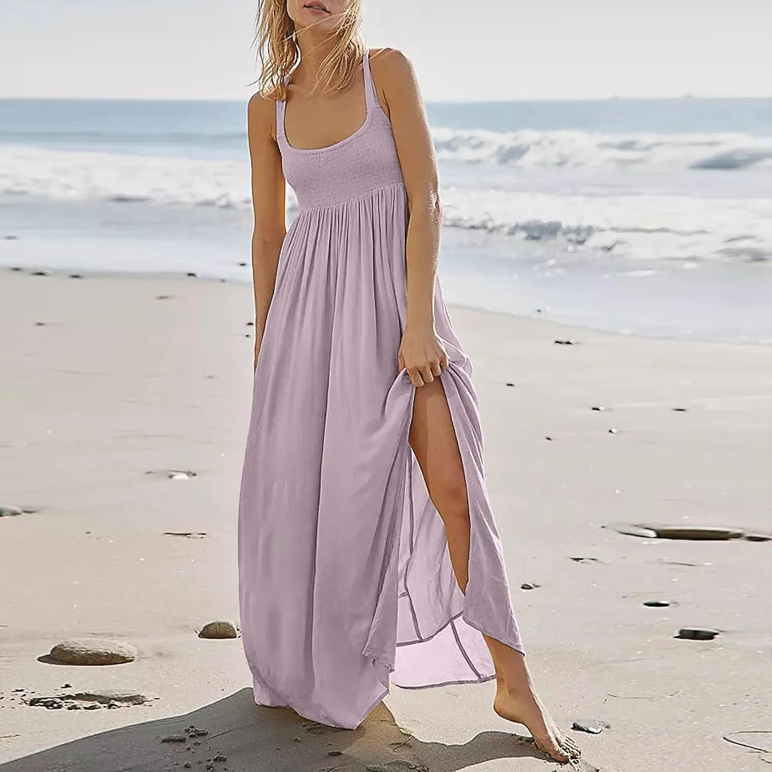 Women Summer Dresses Sexy Halter Neck Side Split Boho Dress Casual Sleeveless Smocked Maxi Dresses with Pockets
