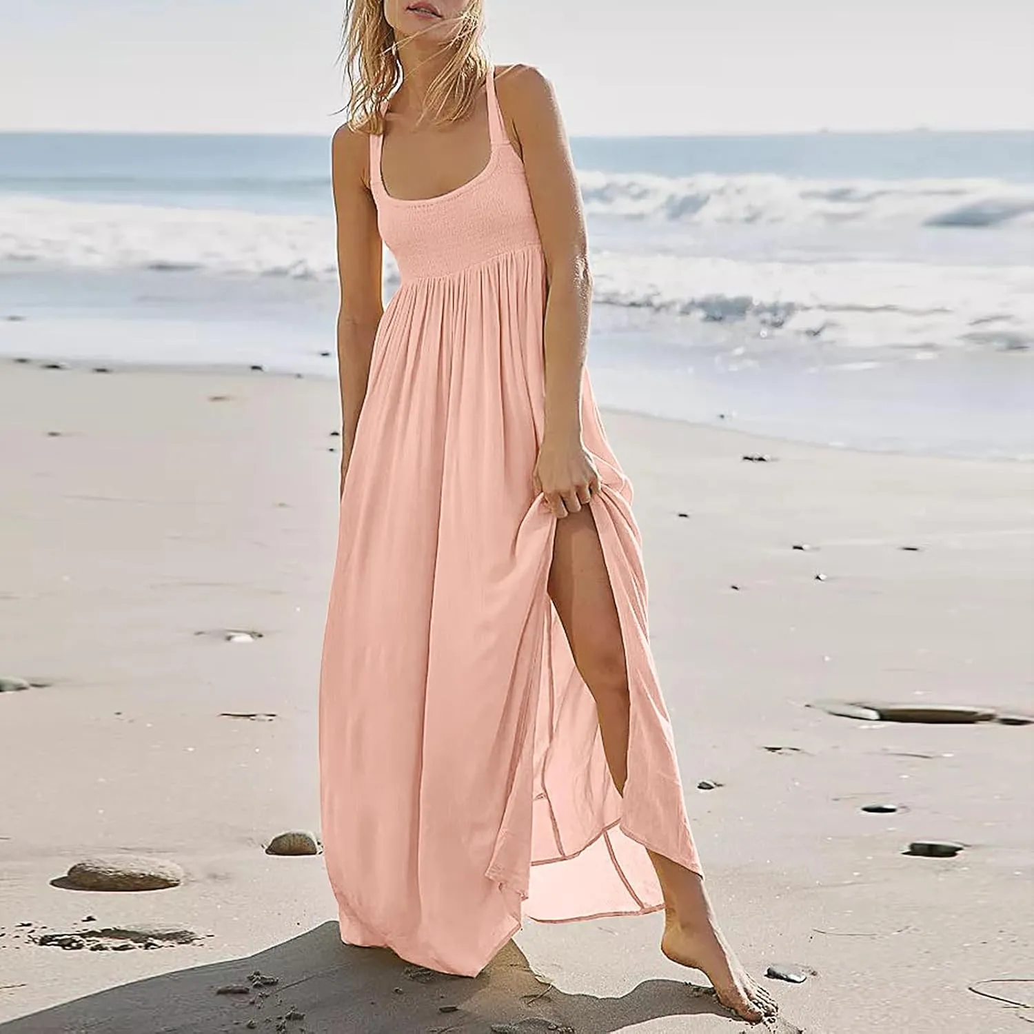Women Summer Dresses Sexy Halter Neck Side Split Boho Dress Casual Sleeveless Smocked Maxi Dresses with Pockets