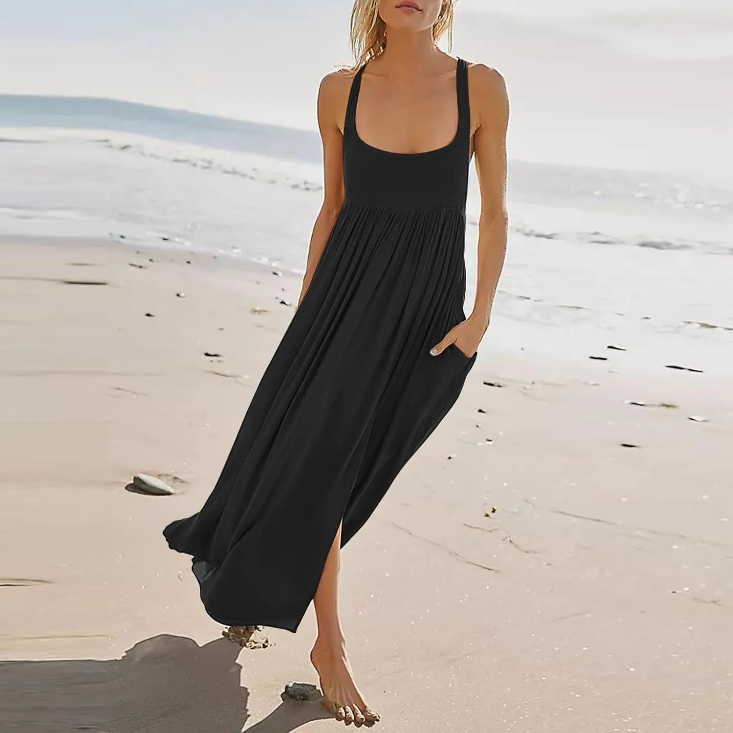 Women Summer Dresses Sexy Halter Neck Side Split Boho Dress Casual Sleeveless Smocked Maxi Dresses with Pockets