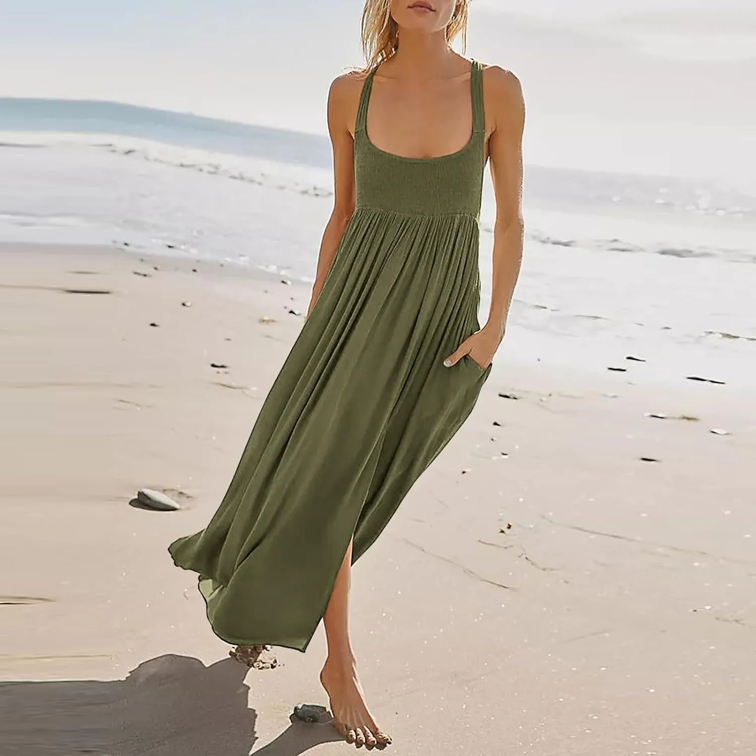 Women Summer Dresses Sexy Halter Neck Side Split Boho Dress Casual Sleeveless Smocked Maxi Dresses with Pockets
