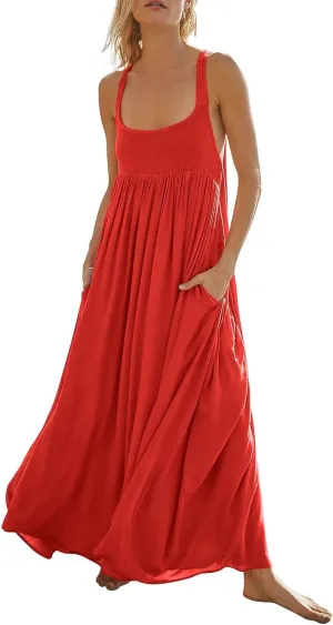 Women Summer Dresses Sexy Halter Neck Side Split Boho Dress Casual Sleeveless Smocked Maxi Dresses with Pockets