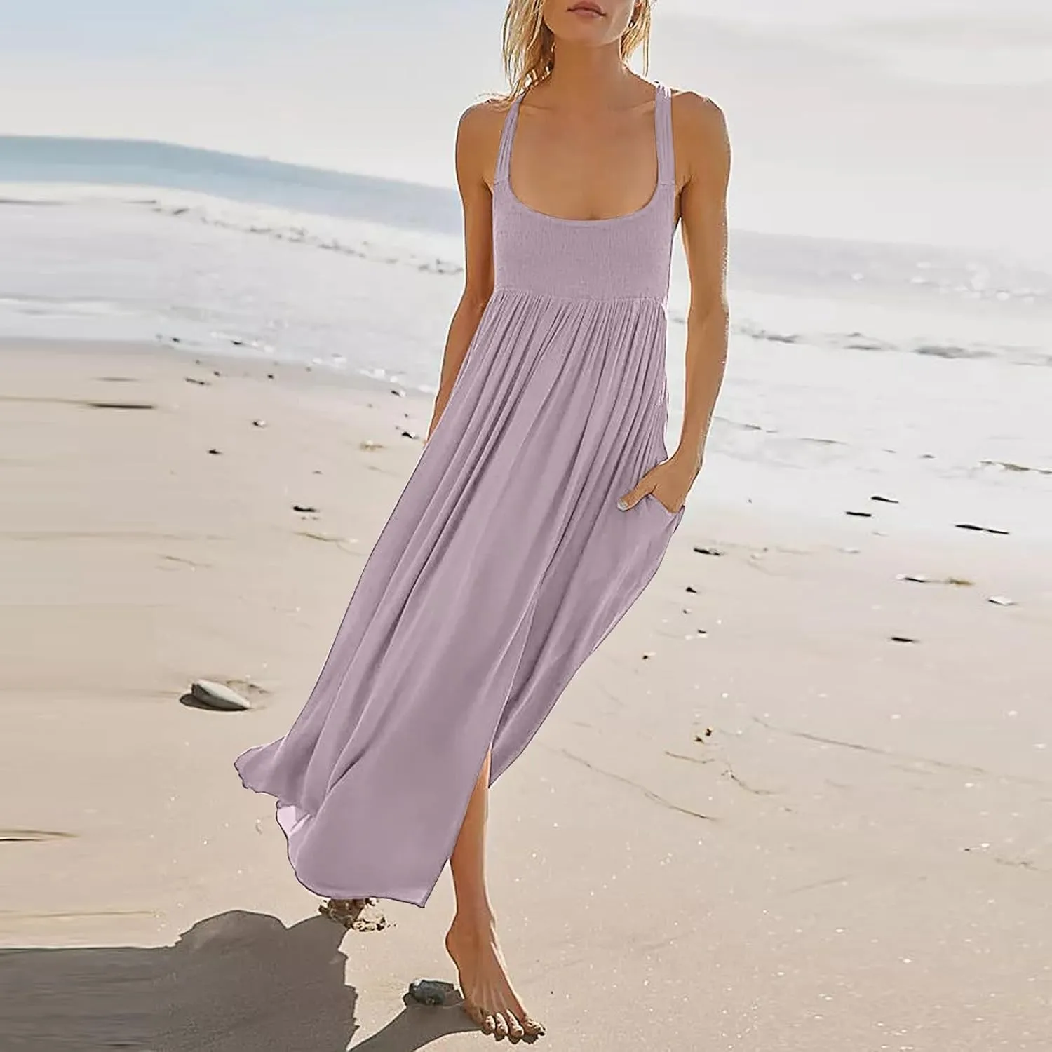 Women Summer Dresses Sexy Halter Neck Side Split Boho Dress Casual Sleeveless Smocked Maxi Dresses with Pockets