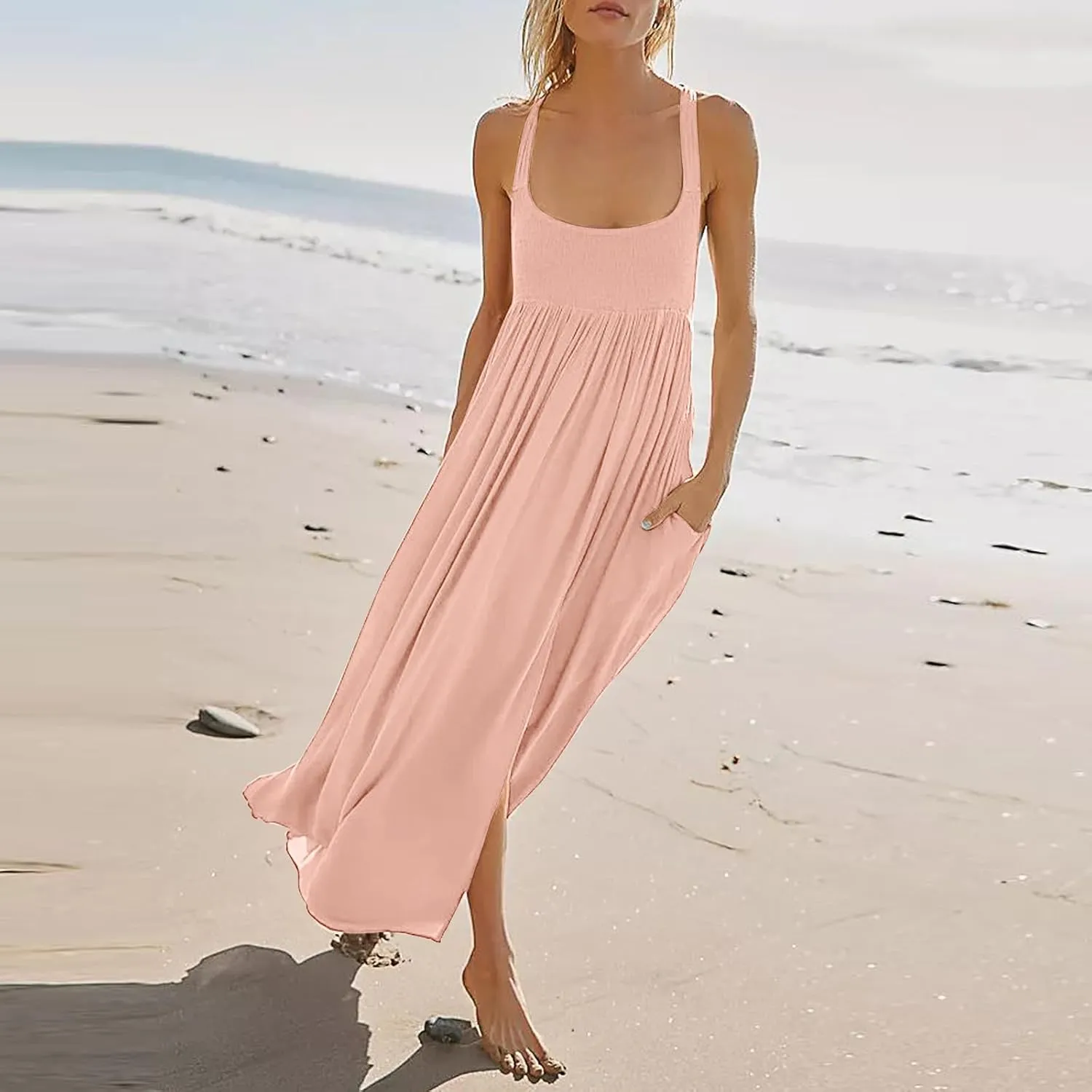 Women Summer Dresses Sexy Halter Neck Side Split Boho Dress Casual Sleeveless Smocked Maxi Dresses with Pockets