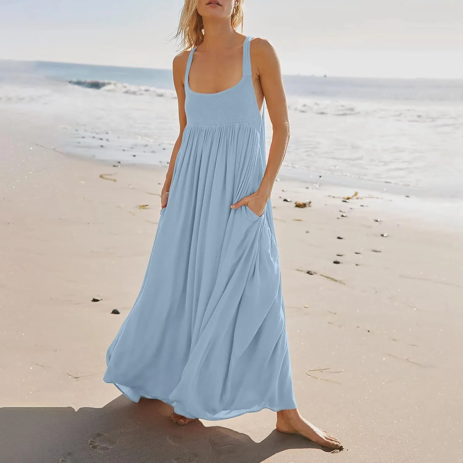 Women Summer Dresses Sexy Halter Neck Side Split Boho Dress Casual Sleeveless Smocked Maxi Dresses with Pockets