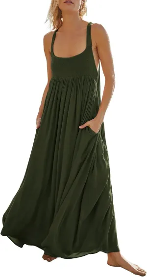 Women Summer Dresses Sexy Halter Neck Side Split Boho Dress Casual Sleeveless Smocked Maxi Dresses with Pockets