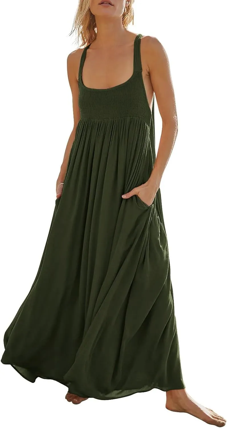 Women Summer Dresses Sexy Halter Neck Side Split Boho Dress Casual Sleeveless Smocked Maxi Dresses with Pockets