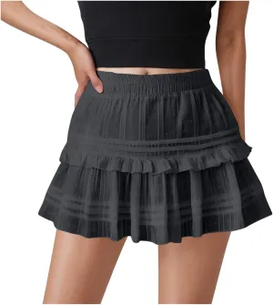 Women Summer Mini Skirts Casual Ruffle Pleated Floral Printed Tiered Elastic Waist Ladies Summer Flowy A Line Skirt