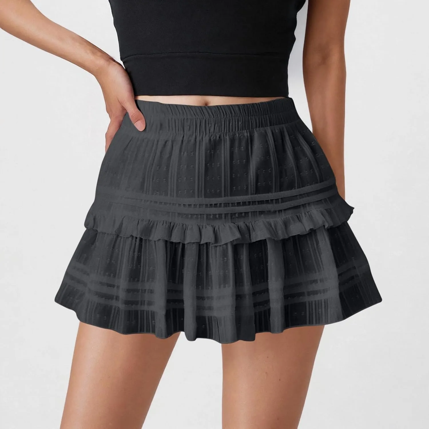 Women Summer Mini Skirts Casual Ruffle Pleated Floral Printed Tiered Elastic Waist Ladies Summer Flowy A Line Skirt