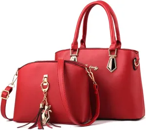 Women Top-Handle Purses Leather 2pcs Totes Handbag Shoulder Satchel with tassel