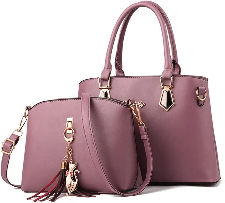 Women Top-Handle Purses Leather 2pcs Totes Handbag Shoulder Satchel with tassel