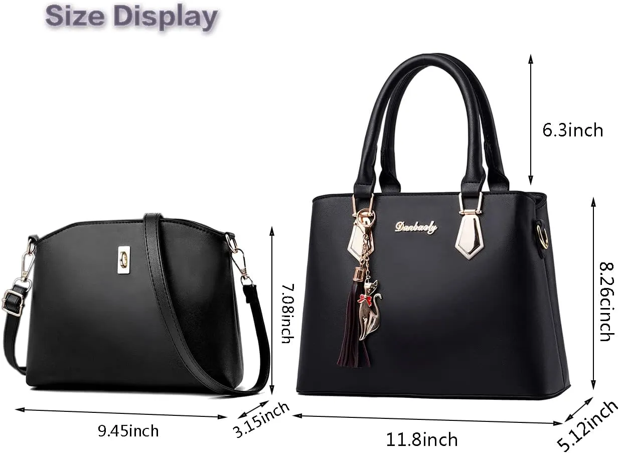 Women Top-Handle Purses Leather 2pcs Totes Handbag Shoulder Satchel with tassel