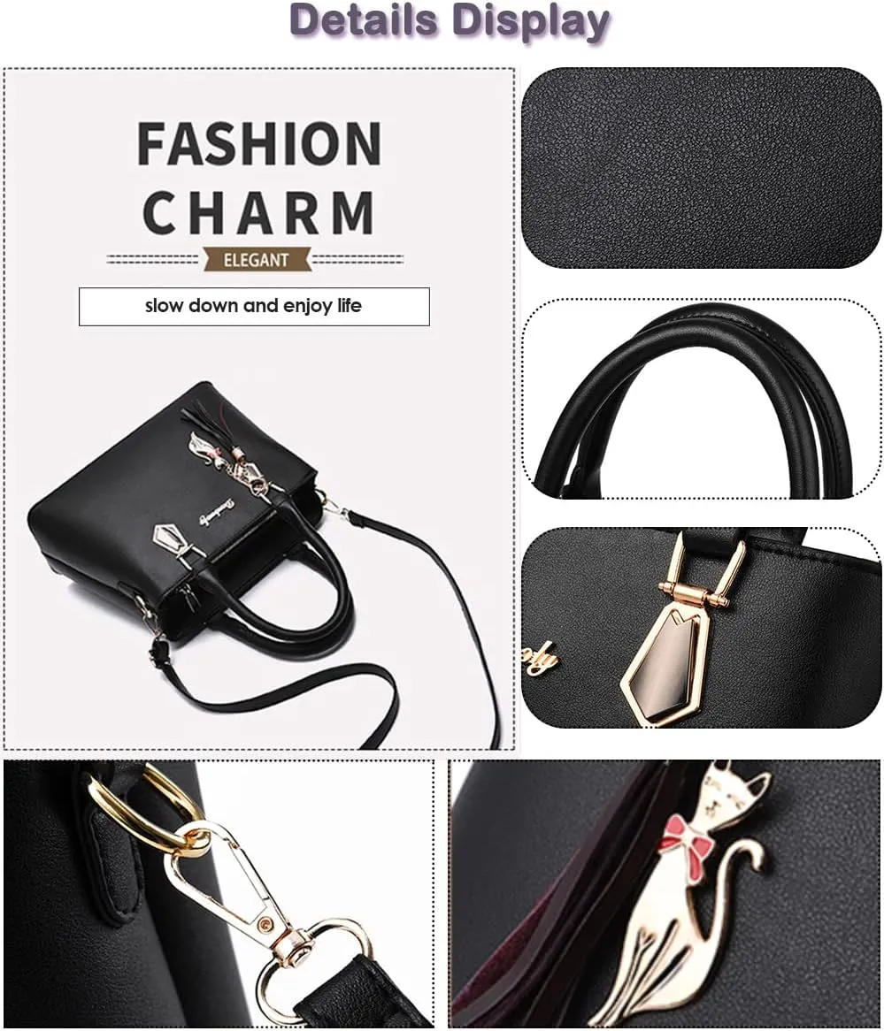 Women Top-Handle Purses Leather 2pcs Totes Handbag Shoulder Satchel with tassel