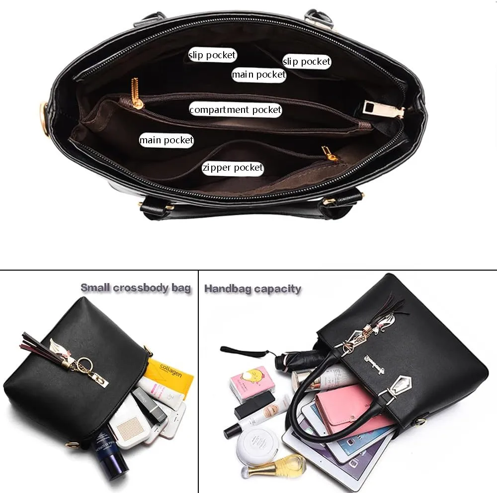 Women Top-Handle Purses Leather 2pcs Totes Handbag Shoulder Satchel with tassel