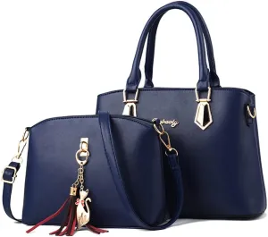 Women Top-Handle Purses Leather 2pcs Totes Handbag Shoulder Satchel with tassel