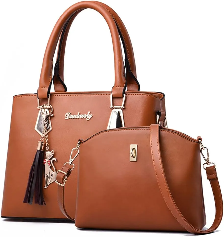 Women Top-Handle Purses Leather 2pcs Totes Handbag Shoulder Satchel with tassel