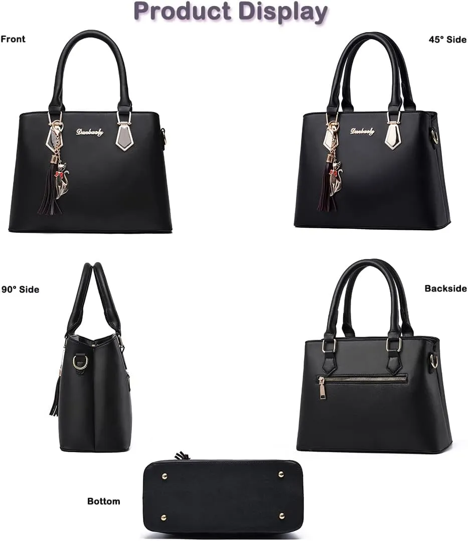 Women Top-Handle Purses Leather 2pcs Totes Handbag Shoulder Satchel with tassel