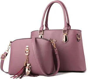 Women Top-Handle Purses Leather 2pcs Totes Handbag Shoulder Satchel with tassel